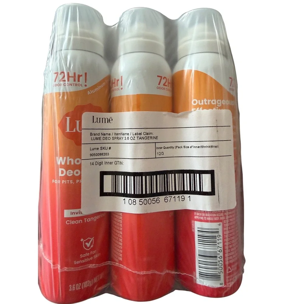Lume Whole Body Deodorant Invisible Spray Clean Tangerine 3.6oz 3‎ Pack New